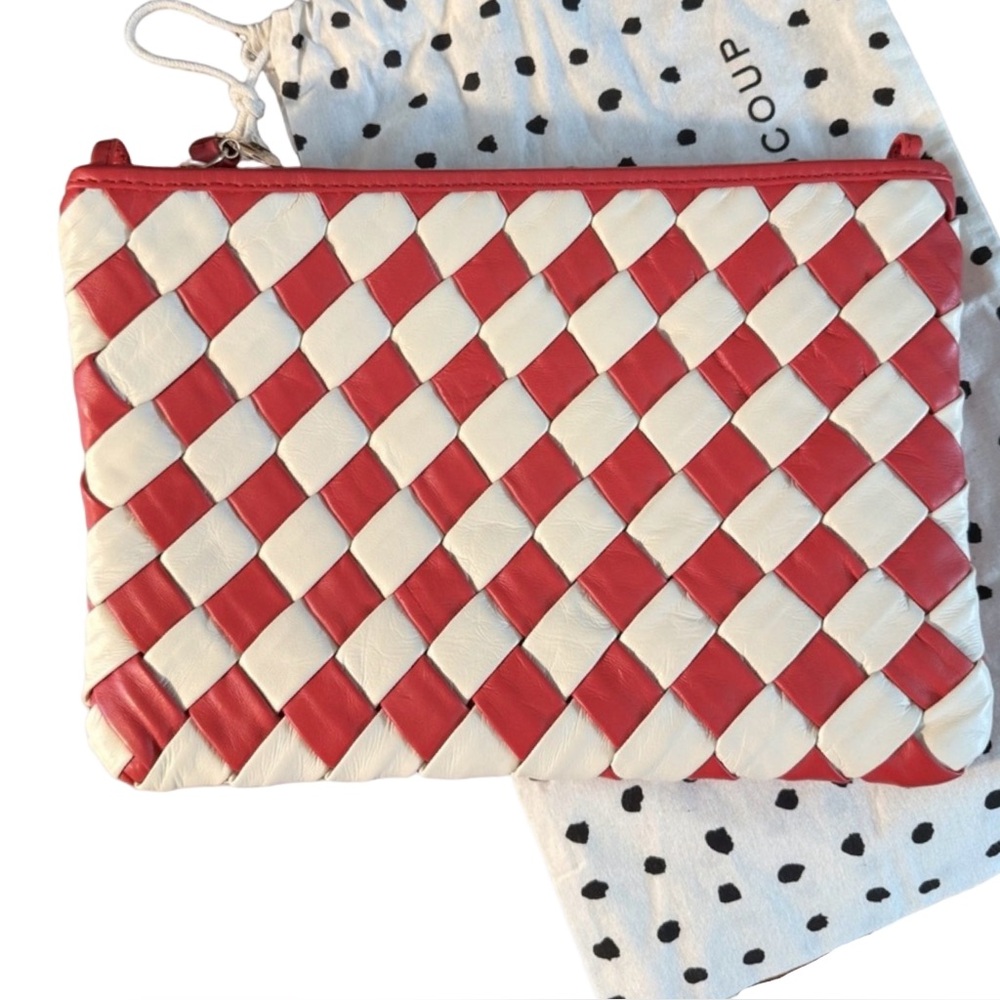 Clare V. Puffy Woven Flat Clutch Red Cream Leather Bag + Dust Bag NWT Giftable - Picture 3 of 9